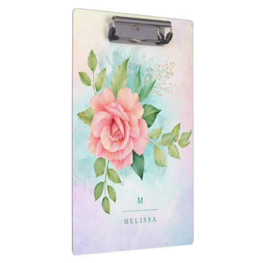 モノグラムウォーターカラーターコイズグラデーションピンクローズ クリップボード (右)