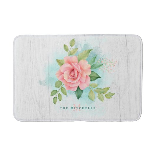 モノグラムウォーターカラーターコイズグラデーションピンクローズ バスマット (正面)