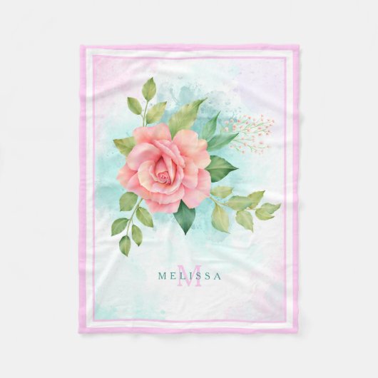 モノグラムウォーターカラーターコイズグラデーションピンクローズ フリースブランケット (正面)