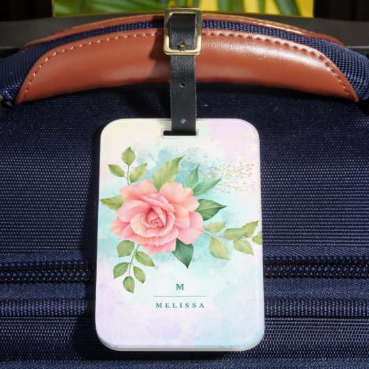 モノグラムウォーターカラーターコイズグラデーションピンクローズ ラゲッジタグ (正面インサイチュ2)