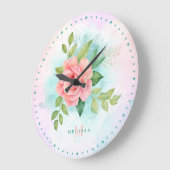 モノグラムウォーターカラーターコイズグラデーションピンクローズ ラージ壁時計 (傾斜)
