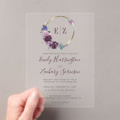 モノグラムウォーターカラーパープルフローラ結婚リース アクリル招待状 (インサイチュ (ポータブル))