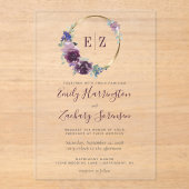 モノグラムウォーターカラーパープルフローラ結婚リース アクリル招待状 (正面)