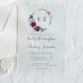モノグラムウォーターカラーパープルフローラ結婚リース アクリル招待状