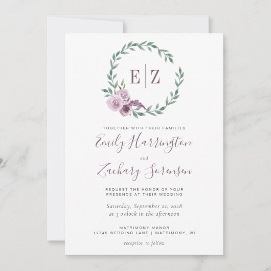 モノグラムウォーターカラーパープルフローラ結婚リース 招待状 (正面)