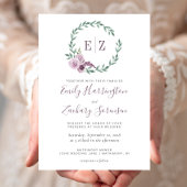 モノグラムウォーターカラーパープルフローラ結婚リース 招待状