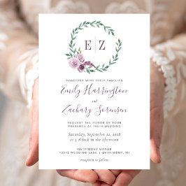 モノグラムウォーターカラーパープルフローラ結婚リース 招待状
