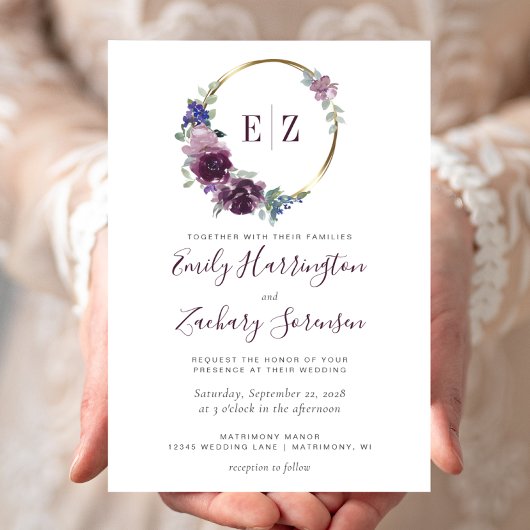 モノグラムウォーターカラーパープルフローラ結婚リース 招待状