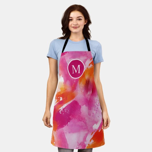 モノグラムウォーターカラーピンクオレンジ抽象芸術 エプロン (着用した状態)