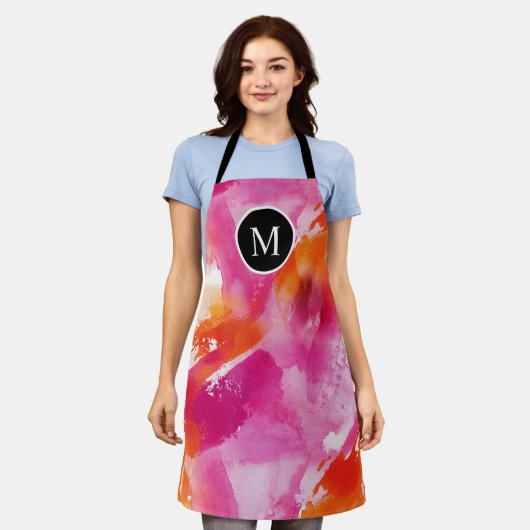 モノグラムウォーターカラーピンクオレンジ抽象芸術 エプロン (着用した状態)