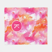 モノグラムウォーターカラーピンクオレンジ抽象芸術 フリースブランケット (正面(横))