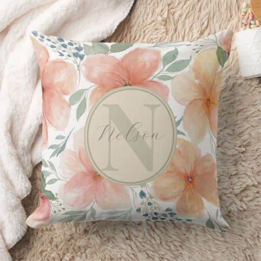 モノグラムウォーターカラーピーチフローラ装飾用クッション クッション (ブランケット)