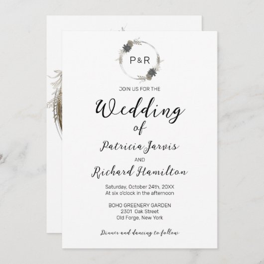 モノグラムウォーターカラーフローラエレガントな結婚式 招待状 (正面/裏面)