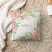 モノグラムウォーターカラーフローラグリーンリーピンクローズ クッション (ブランケット)