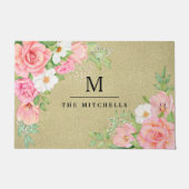 モノグラムウォーターカラーフローラグリーンリーピンクローズ ドアマット (正面)