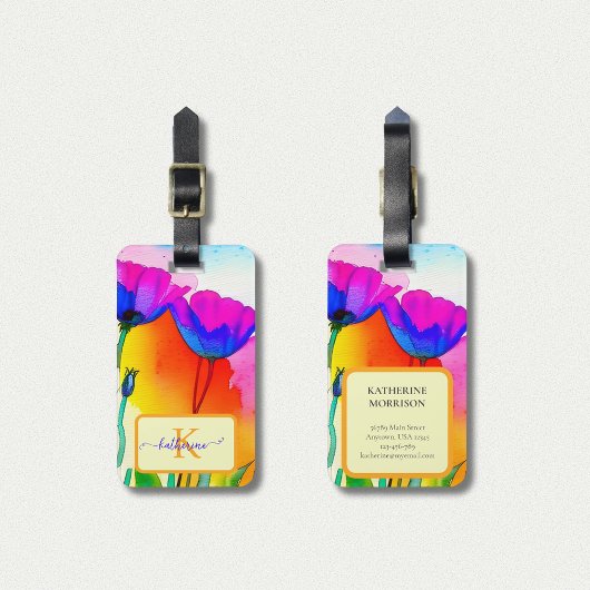 モノグラムウォーターカラーブライトフローラカリフォルニアポピー ラゲッジタグ