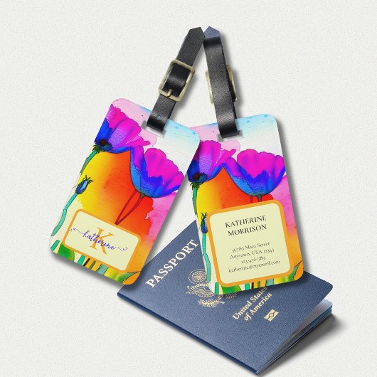 モノグラムウォーターカラーブライトフローラカリフォルニアポピー ラゲッジタグ