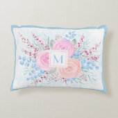 モノグラムウォーターカラーブーケピンクロゼブルー葉ズ アクセントクッション (裏面)