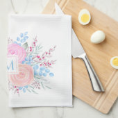 モノグラムウォーターカラーブーケピンクロゼブルー葉ズ キッチンタオル (四つ折り)