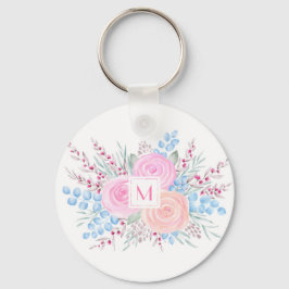 モノグラムウォーターカラーブーケピンクロゼブルー葉ズ キーホルダー