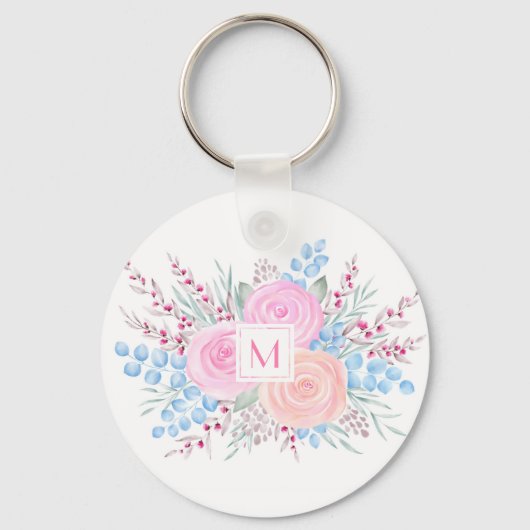 モノグラムウォーターカラーブーケピンクロゼブルー葉ズ キーホルダー (正面)