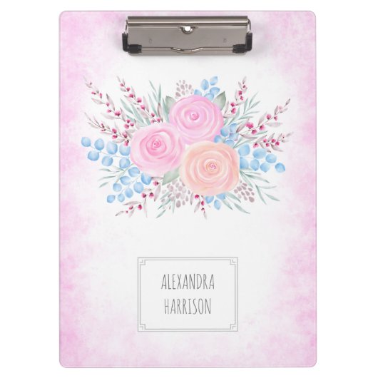 モノグラムウォーターカラーブーケピンクロゼブルー葉ズ クリップボード (正面)