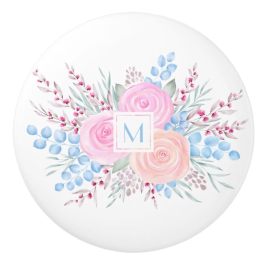 モノグラムウォーターカラーブーケピンクロゼブルー葉ズ セラミックノブ (正面)