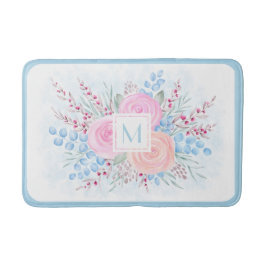 モノグラムウォーターカラーブーケピンクロゼブルー葉ズ バスマット