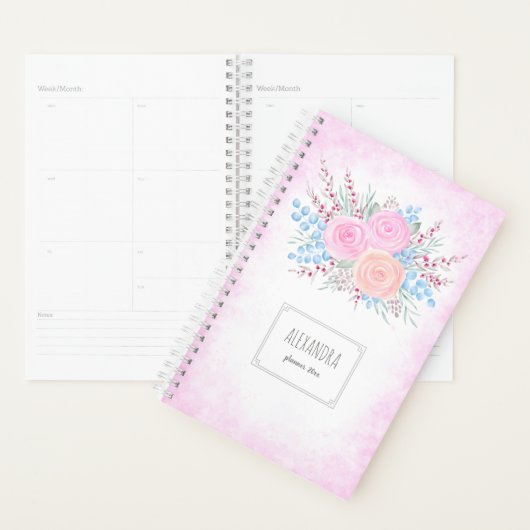 モノグラムウォーターカラーブーケピンクロゼブルー葉ズ プランナー手帳 (ディスプレー)