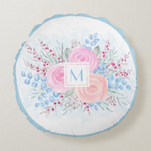 モノグラムウォーターカラーブーケピンクロゼブルー葉ズ ラウンドクッション (正面)
