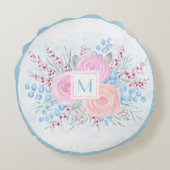 モノグラムウォーターカラーブーケピンクロゼブルー葉ズ ラウンドクッション (裏面)