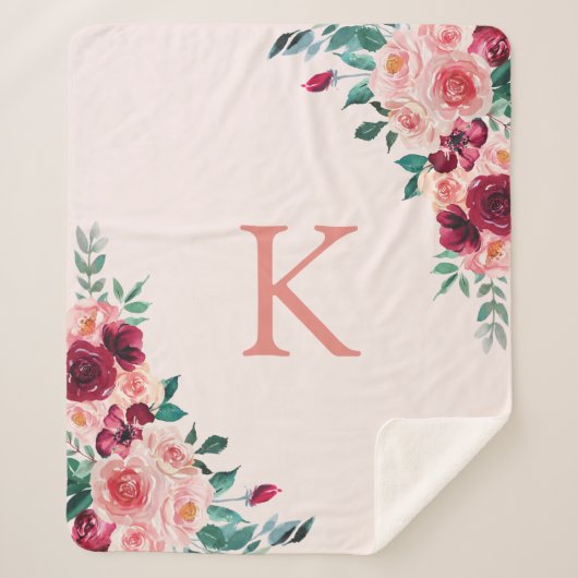 モノグラムウォーターカラーボホピンクブルゴーニュバラフローラ シェルパブランケット (正面)