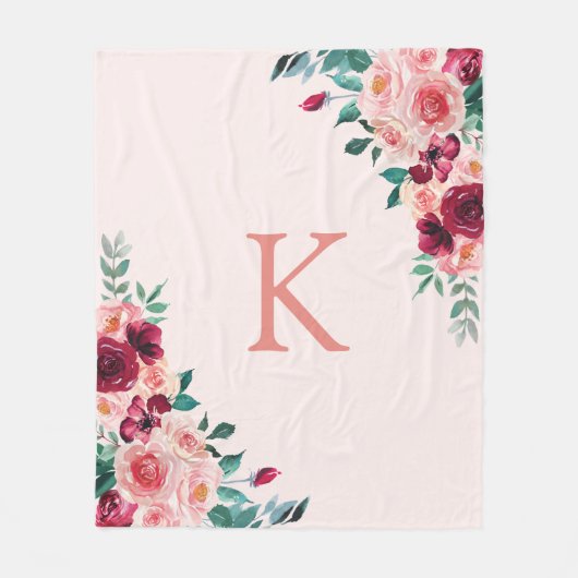モノグラムウォーターカラーボホピンクブルゴーニュバラフローラ フリースブランケット (正面)