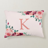 モノグラムウォーターカラーボホピンクブルゴーニュバラ花 アクセントクッション (正面)
