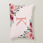 モノグラムウォーターカラーボホピンクブルゴーニュバラ花 アクセントクッション (正面(垂直))