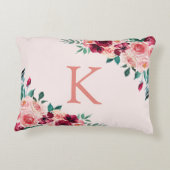 モノグラムウォーターカラーボホピンクブルゴーニュバラ花 アクセントクッション (裏面)