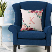 モノグラムウォーターカラーボホピンクブルゴーニュバラ花 クッション