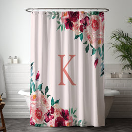 モノグラムウォーターカラーボホピンクブルゴーニュバラ花 シャワーカーテン