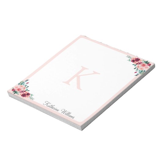 モノグラムウォーターカラーボホピンクブルゴーニュバラ花 ノートパッド (回転)