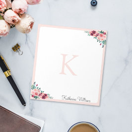 モノグラムウォーターカラーボホピンクブルゴーニュバラ花 ノートパッド