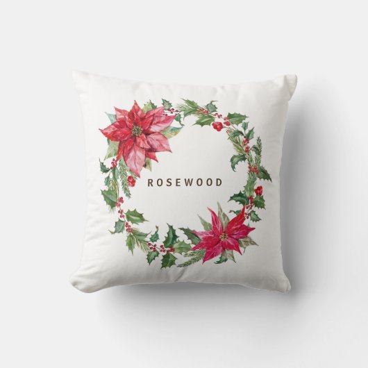 モノグラムウォーターカラーポインセチアクリスマスリース クッション (正面)