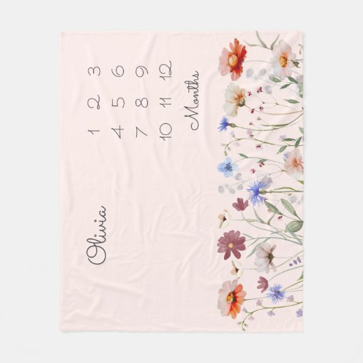 モノグラムウォーターカラーワイルドフラワーマイルストーンベビー フリースブランケット (正面)