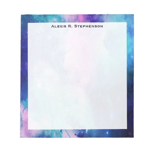 モノグラムウォーターカラー宇宙ユニバースブルーピンクスター ノートパッド (正面)