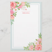 モノグラムウォーターグラデーションカラーフローラ緑バラ 便箋 (正面)