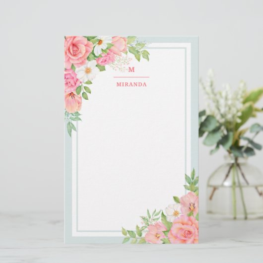 モノグラムウォーターグラデーションカラーフローラ緑バラ 便箋 (スタンド正面)