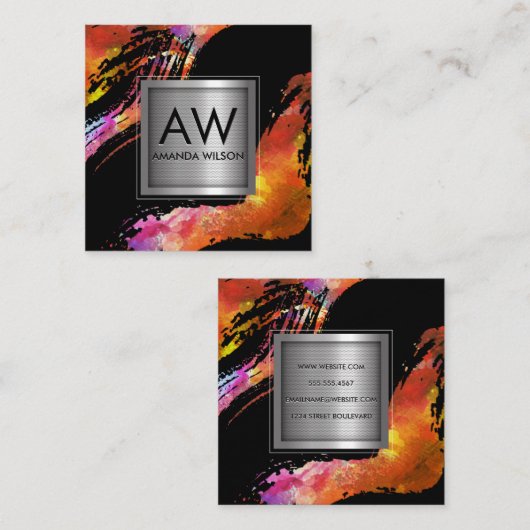 モノグラムウォーター色ブラシ付き |メタリックバナー スクエア名刺 (正面/裏面)