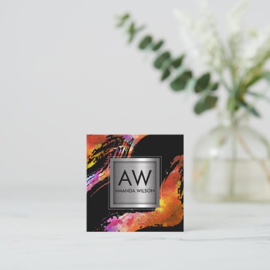 モノグラムウォーター色ブラシ付き |メタリックバナー スクエア名刺 (スタンド正面)