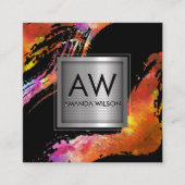 モノグラムウォーター色ブラシ付き |メタリックバナー スクエア名刺 (正面)