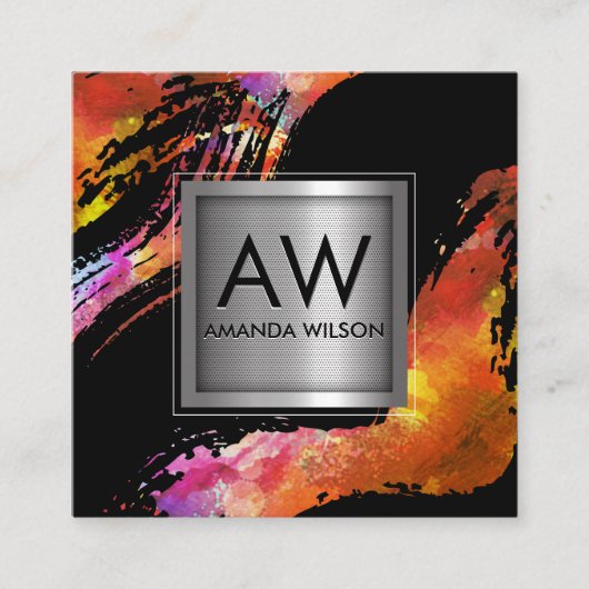 モノグラムウォーター色ブラシ付き |メタリックバナー スクエア名刺 (正面)