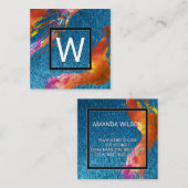 モノグラムウォーター色ブラシ付き |青いテクスチャ スクエア名刺 (正面/裏面)